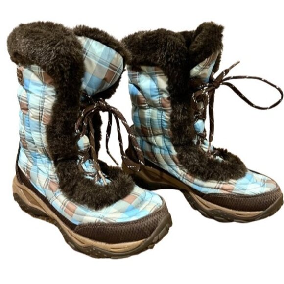 The North Face Girls Snow Boots US 3 Blue Brown Plaid Insulated Winter Fur EU 34 - Picture 1 of 16